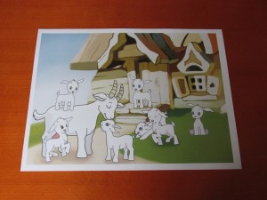 Kamishibai - karty z bajką O wilku i 7 koźlątkach - format 38x28 cm.